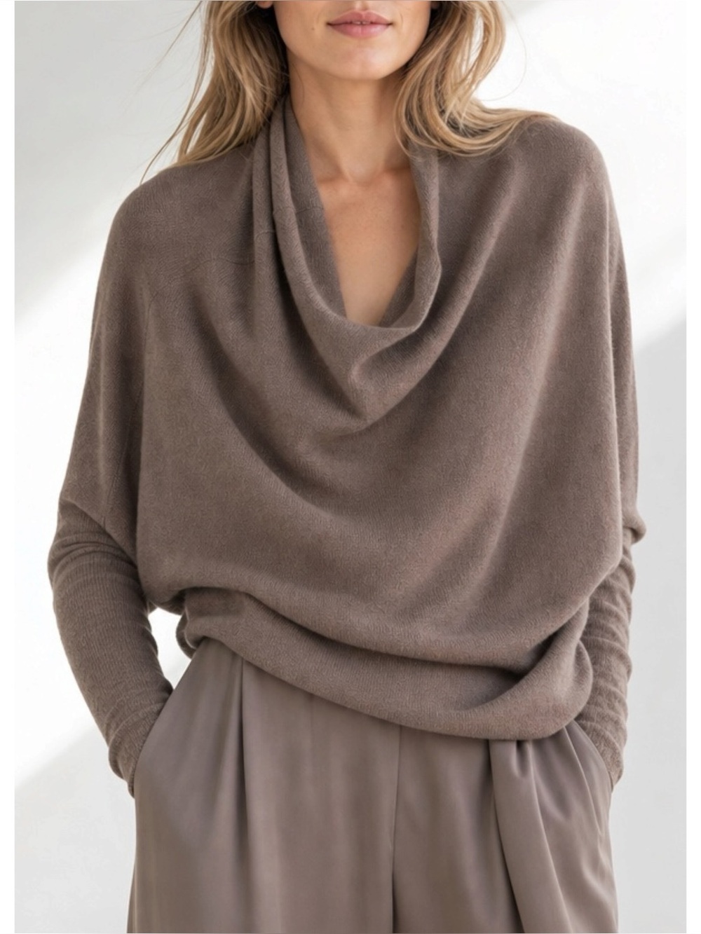 JAKI LONDON Asymmetric Draped Knit Sweater, Mink,  L/XL